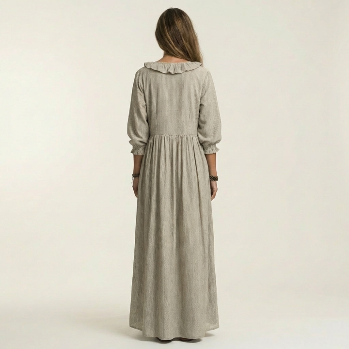 Yosetta | Ruffle V-Neck Striped Lantern-Sleeve Maxi Dress