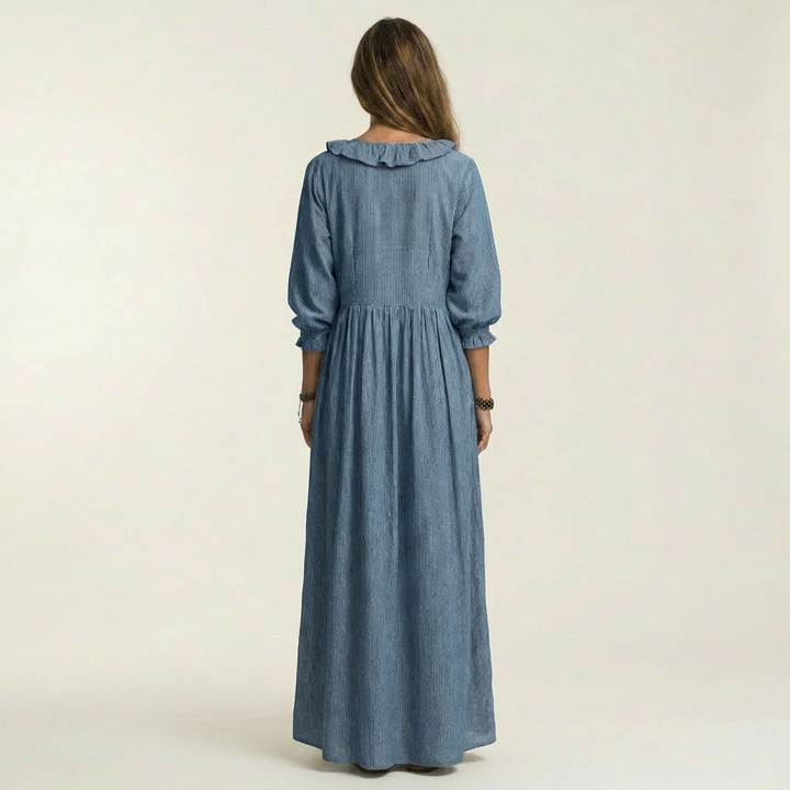Yosetta | Ruffle V-Neck Striped Lantern-Sleeve Maxi Dress