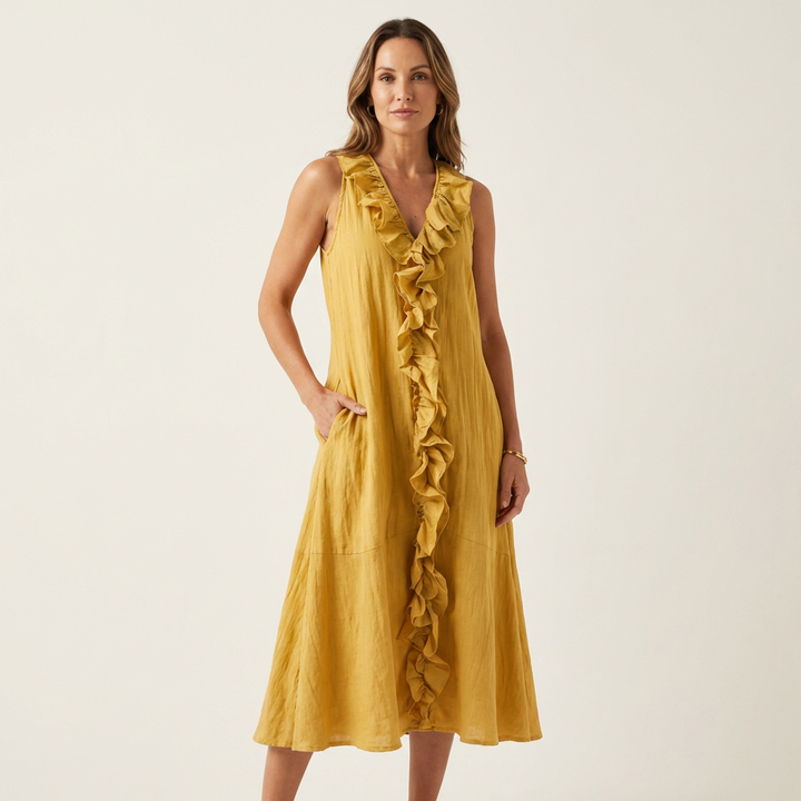 Vicky | Ruffle-Front V-Neck Sleeveless Linen Maxi Dress
