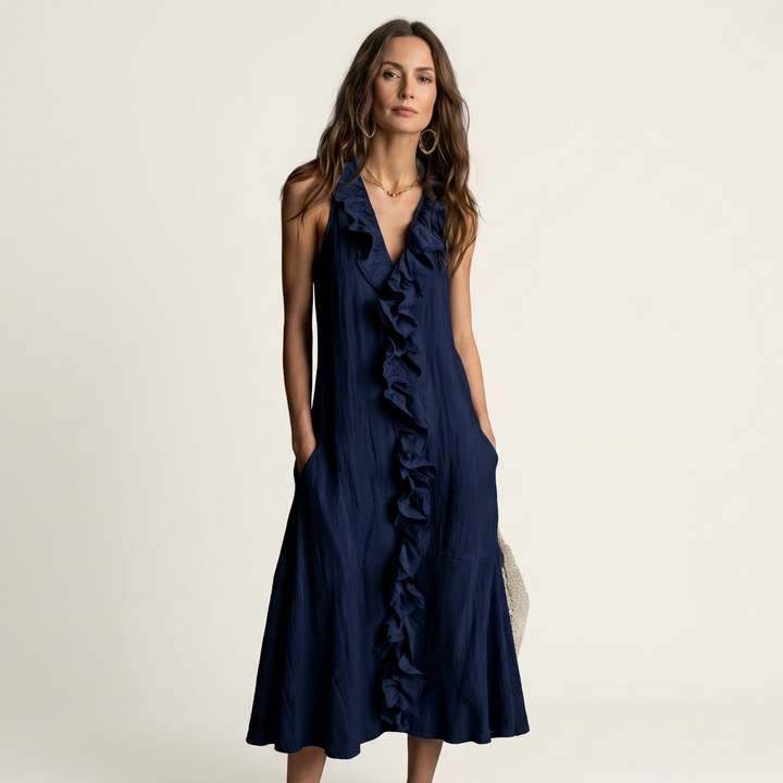 Vicky | Ruffle-Front V-Neck Sleeveless Linen Maxi Dress