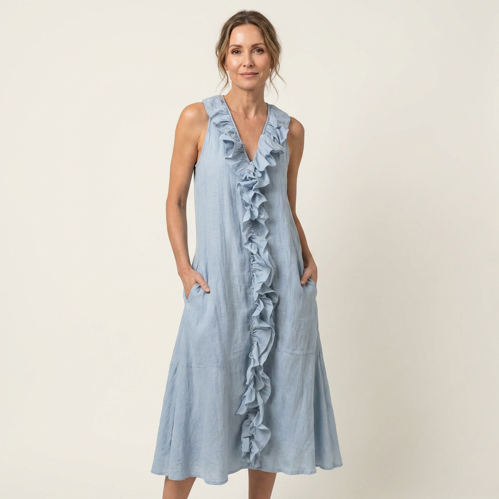 Vicky | Ruffle-Front V-Neck Sleeveless Linen Maxi Dress
