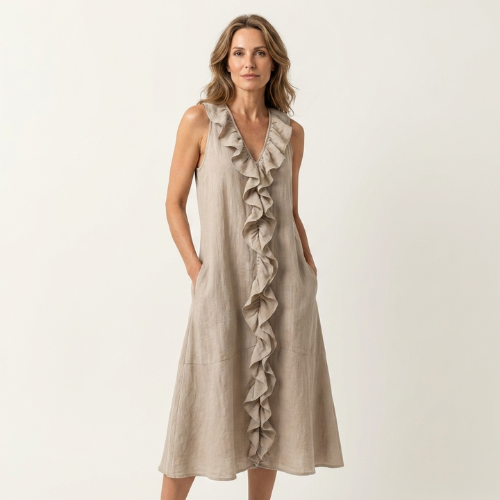 Vicky | Ruffle-Front V-Neck Sleeveless Linen Maxi Dress