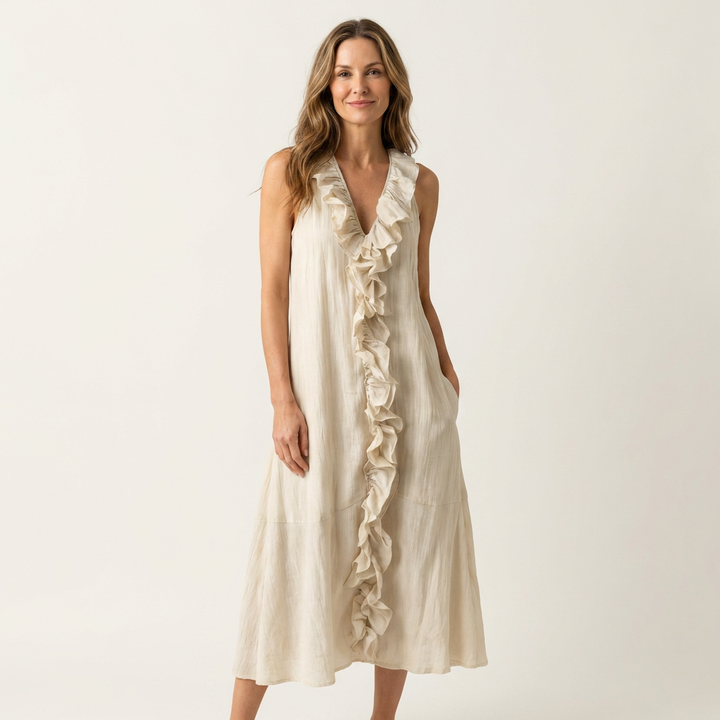 Vicky | Ruffle-Front V-Neck Sleeveless Linen Maxi Dress
