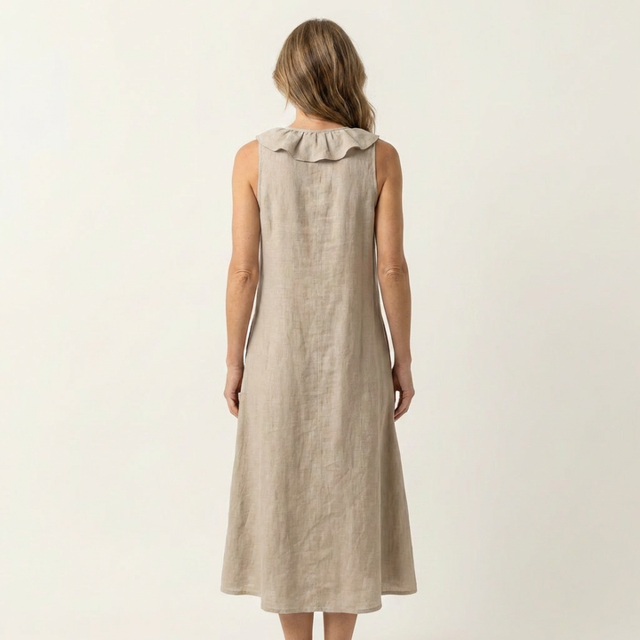Vicky | Ruffle-Front V-Neck Sleeveless Linen Maxi Dress