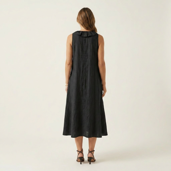 Vicky | Ruffle-Front V-Neck Sleeveless Linen Maxi Dress