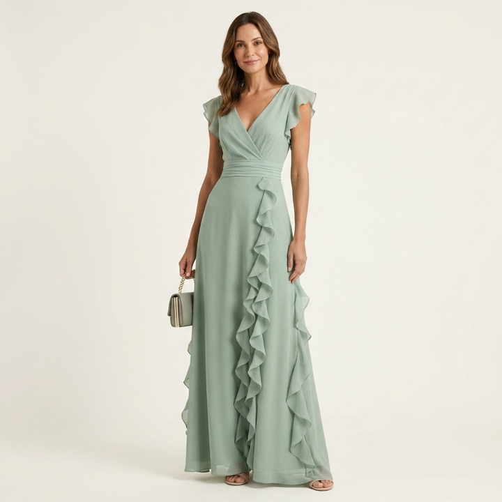 Nellyana | Wrap-Style V-Neck Flutter-Sleeve Cascading Ruffle Maxi Dress