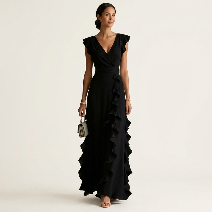 Nellyana | Wrap-Style V-Neck Flutter-Sleeve Cascading Ruffle Maxi Dress