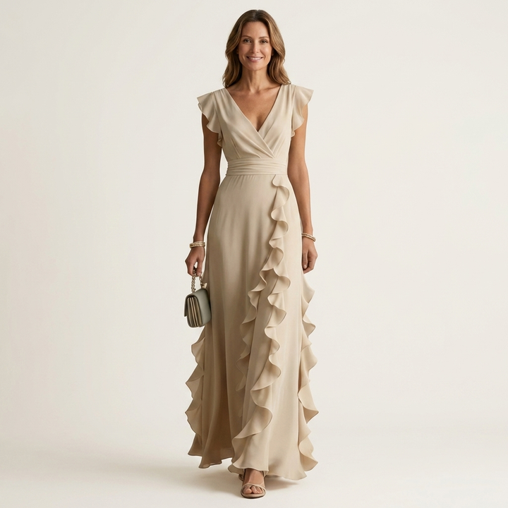 Nellyana | Wrap-Style V-Neck Flutter-Sleeve Cascading Ruffle Maxi Dress
