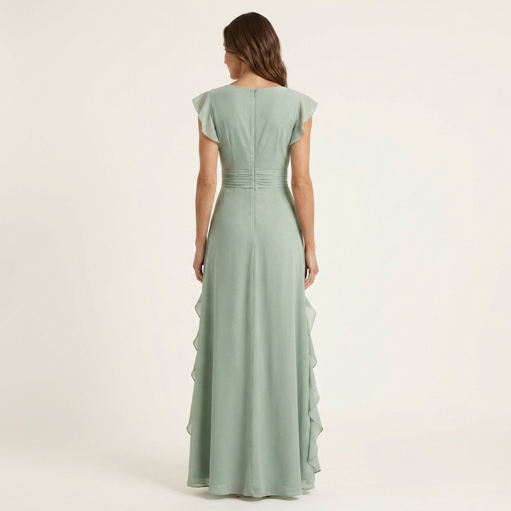 Nellyana | Wrap-Style V-Neck Flutter-Sleeve Cascading Ruffle Maxi Dress