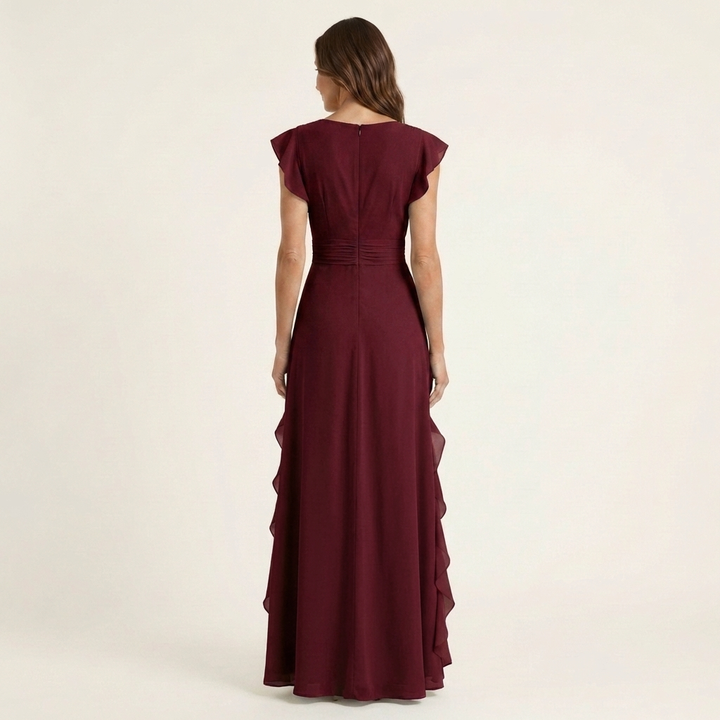 Nellyana | Wrap-Style V-Neck Flutter-Sleeve Cascading Ruffle Maxi Dress