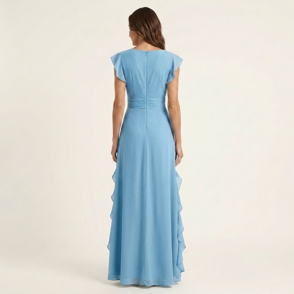 Nellyana | Wrap-Style V-Neck Flutter-Sleeve Cascading Ruffle Maxi Dress