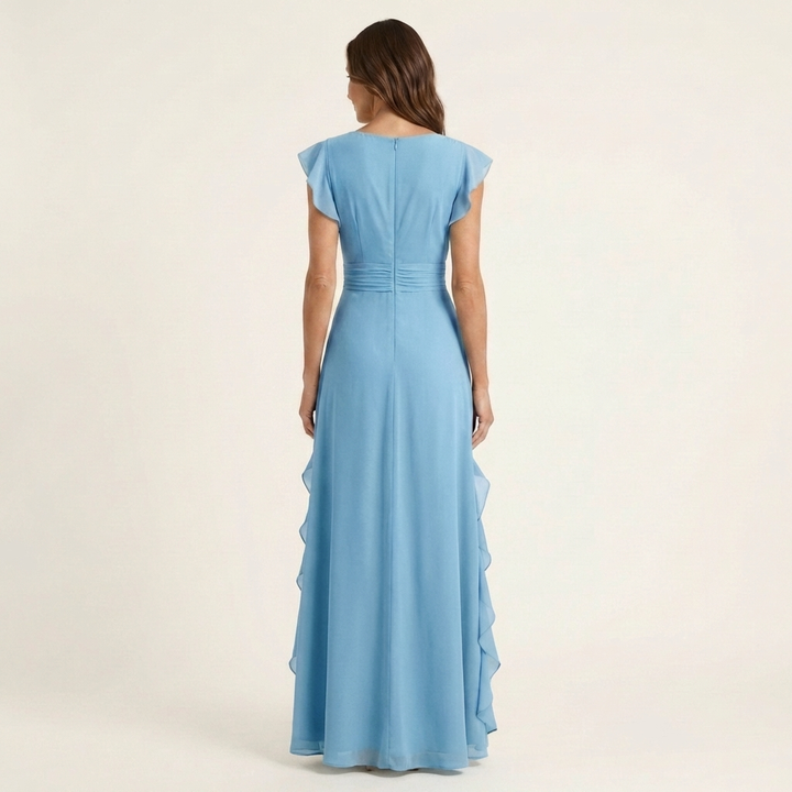 Nellyana | Wrap-Style V-Neck Flutter-Sleeve Cascading Ruffle Maxi Dress