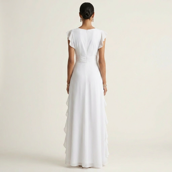 Nellyana | Wrap-Style V-Neck Flutter-Sleeve Cascading Ruffle Maxi Dress