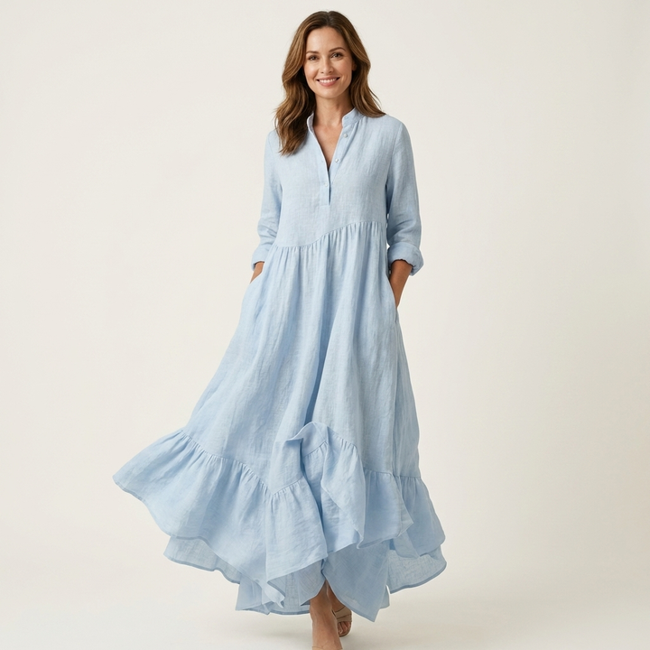 Jilana | Stand-Collar Button-Front Ruffle Hem Maxi Dress