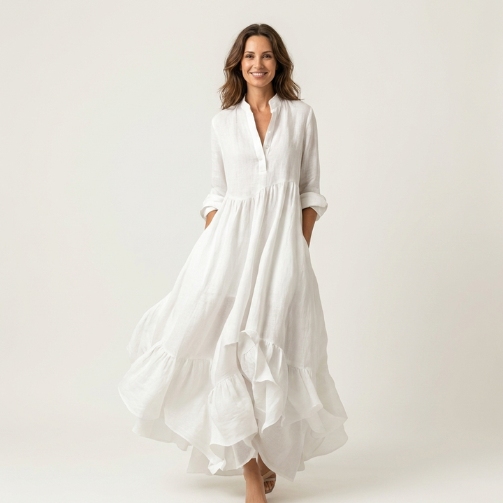 Jilana | Stand-Collar Button-Front Ruffle Hem Maxi Dress