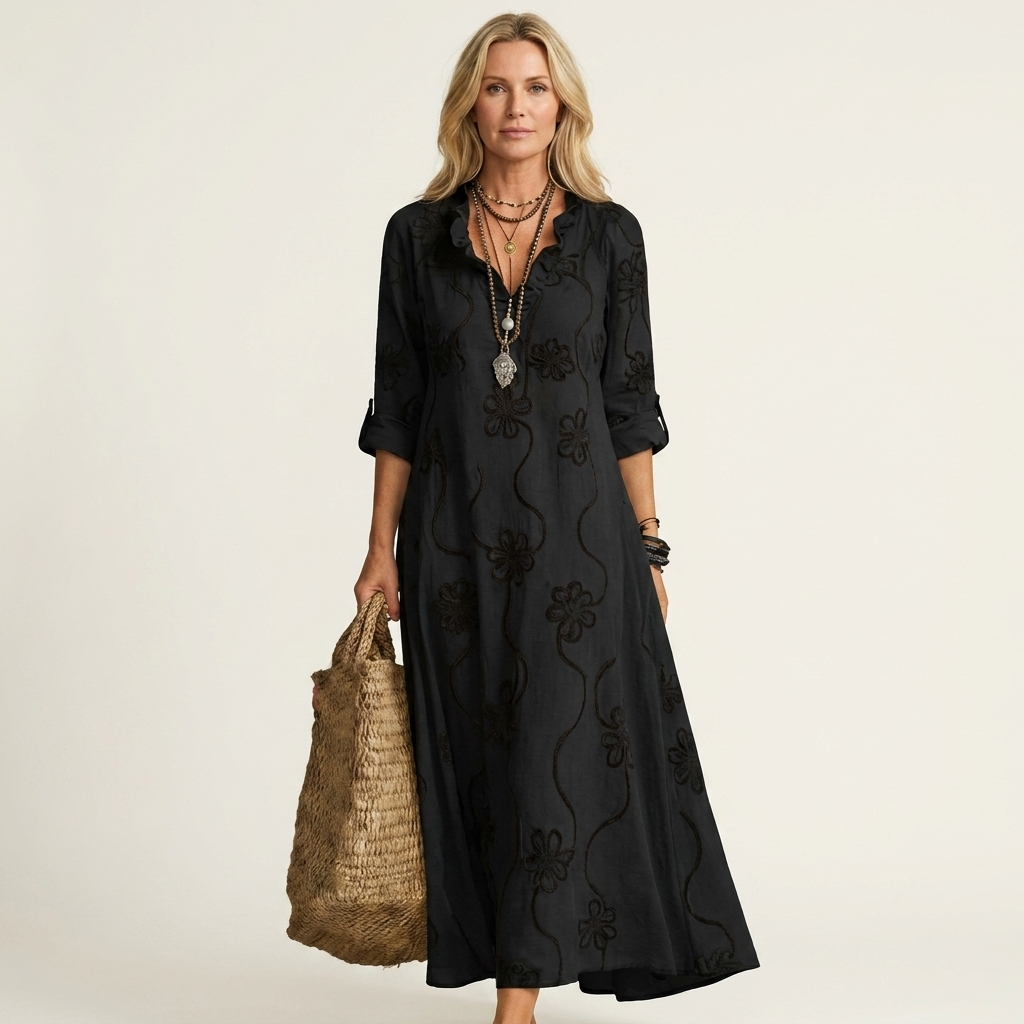 Mariam | Cotton-Linen Maxi Dress with Tonal Floral Embroidery
