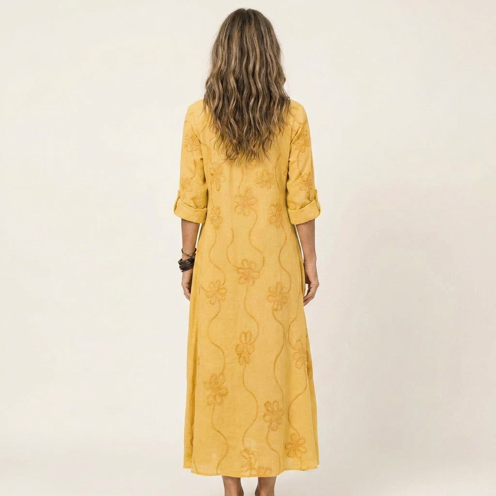 Mariam | Cotton-Linen Maxi Dress with Tonal Floral Embroidery