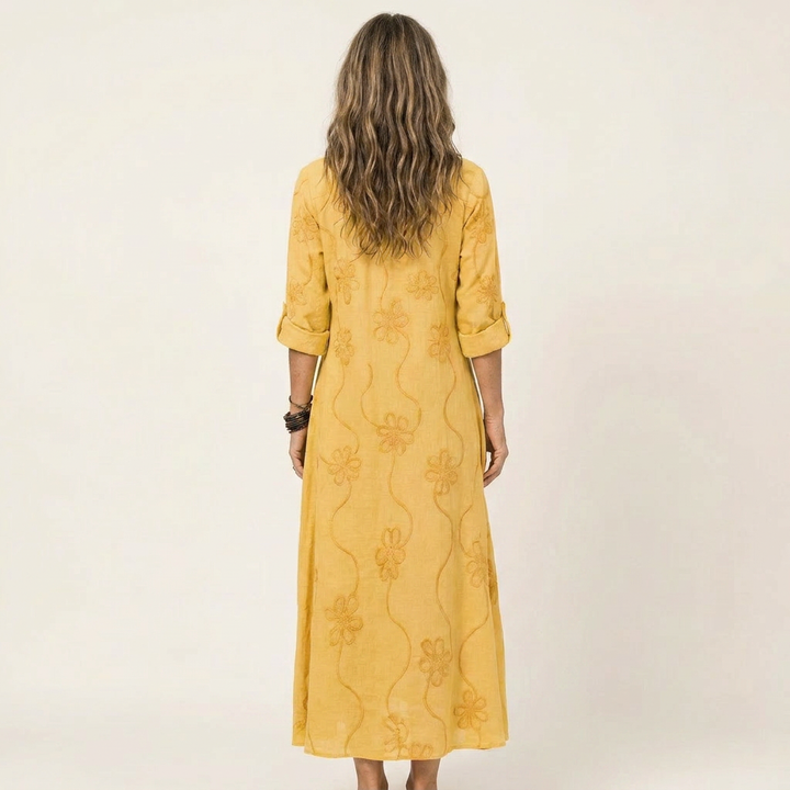 Mariam | Cotton-Linen Maxi Dress with Tonal Floral Embroidery