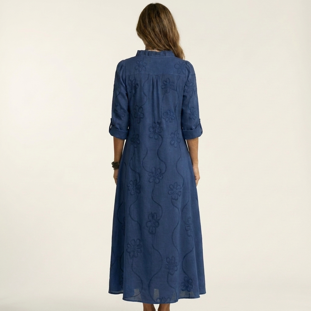 Mariam | Cotton-Linen Maxi Dress with Tonal Floral Embroidery