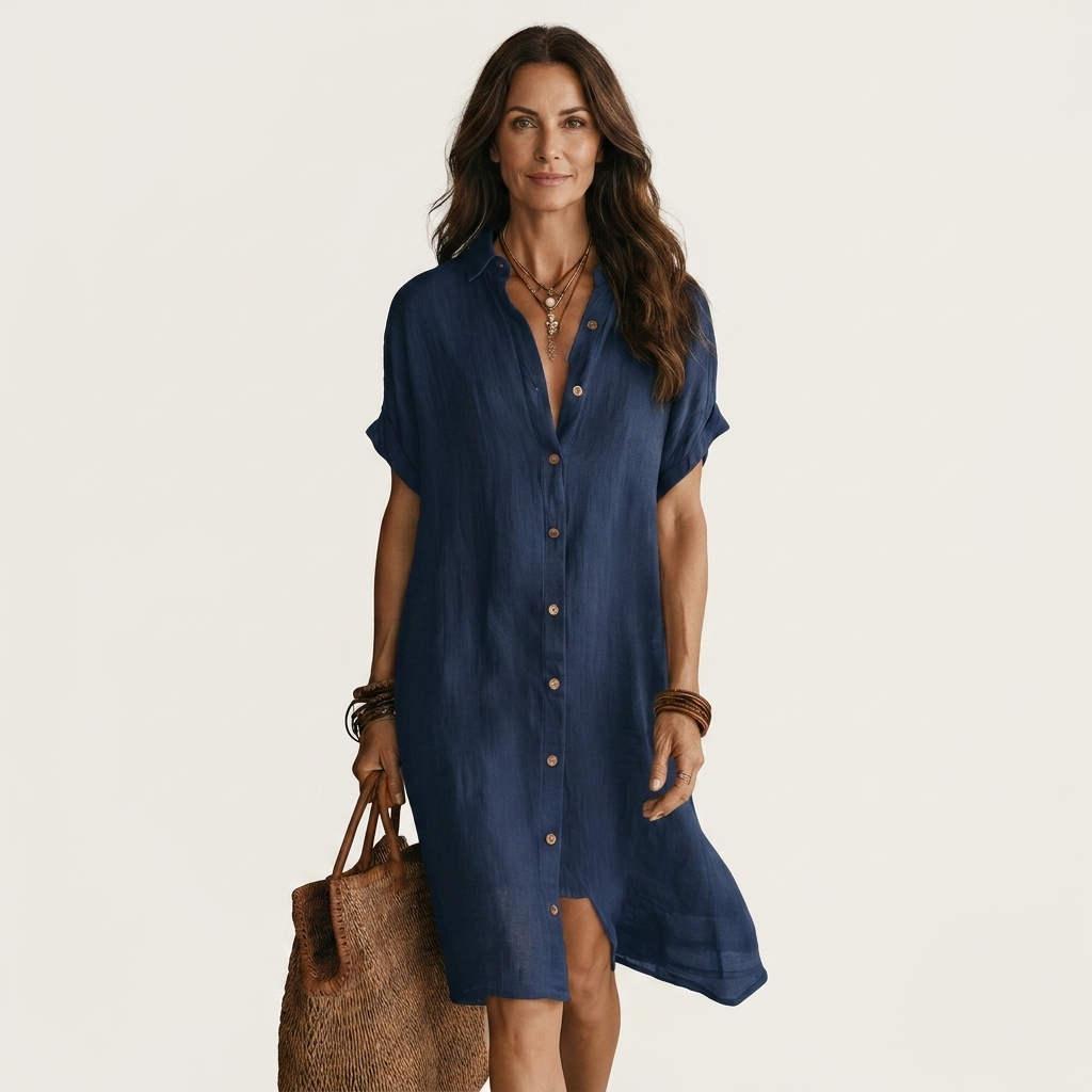Nidalie | Cotton-Linen Midi Shirt Dress with Rolled Cuffs